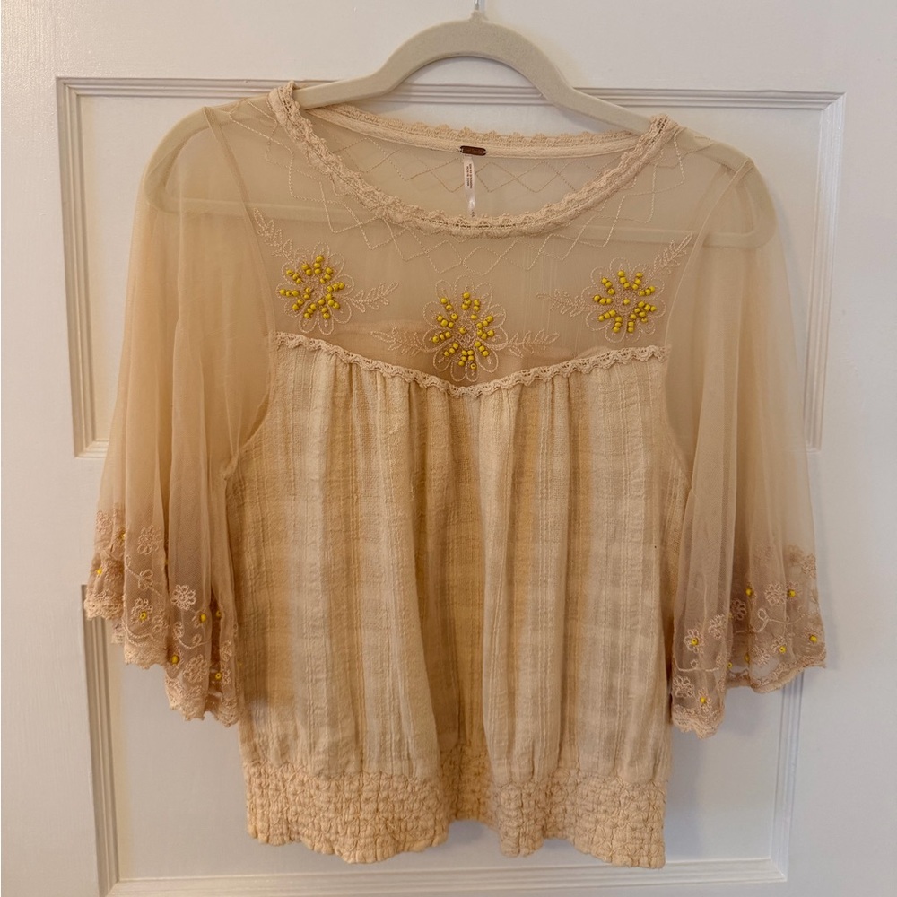 Sheer Embroidered Boho Blouse in Beige